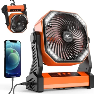 Ventilateur de camping KITWLEMEN 20 000 mAh, rechargeable, fonctionnant sur batterie – jusqu’à 58 heures d’autonomie, avec 4 vitesses, lumière vive et crochet de suspension