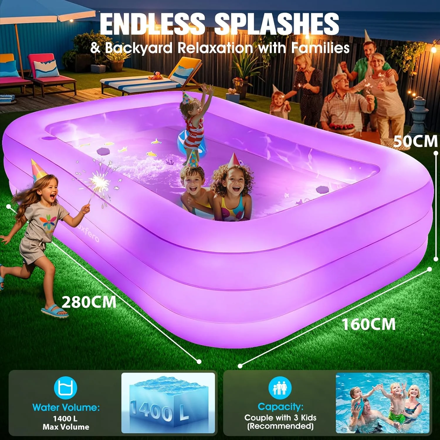 Piscine gonflable Luxfero pour adultes avec siège et éclairage intégré – Image 2
