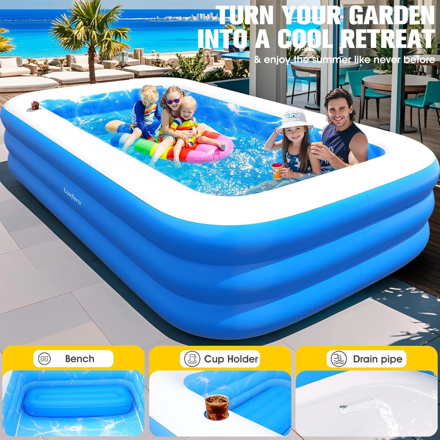 Piscine gonflable Luxfero pour adultes avec siège et éclairage intégré – Image 5